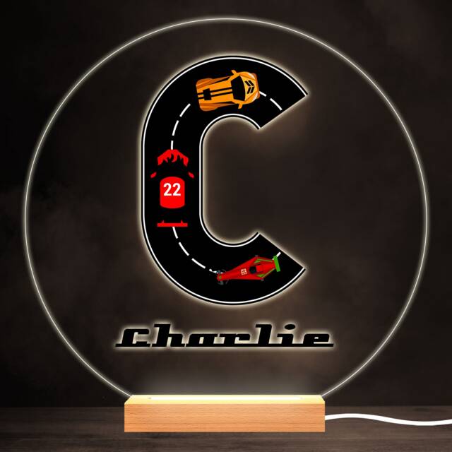 Road Racing Cars Letter C Colourful Round Personalised Gift Led Lamp Night Light - Bedroom - image 1