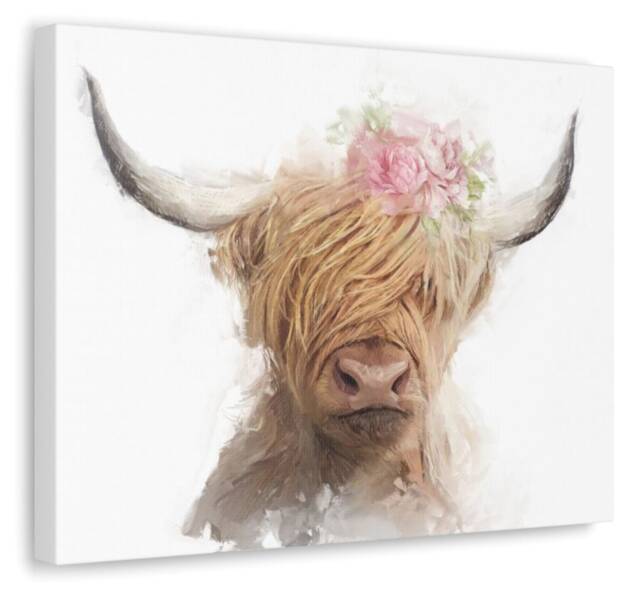 Highland Cow Flower Crown Canvas Art Farmhouse Wall Decor - image 1