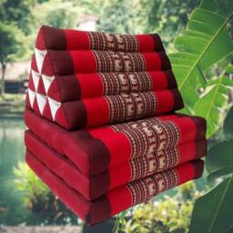 Kapok Thai Classic 3 Fold Yoga/Meditation Floor Cushion With Recliner Red & Burgundy Elephant Design. Campervan Seating. Massage Mat