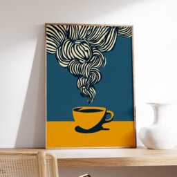 Modern Coffee Cup Poster, Abstract Minimalist Wall Art, Bold Mustard & Navy Kitchen Decor, Contemporary Print - thumbnail 2