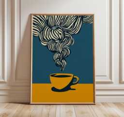 Modern Coffee Cup Poster, Abstract Minimalist Wall Art, Bold Mustard & Navy Kitchen Decor, Contemporary Print - thumbnail 1