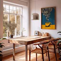 Modern Coffee Cup Poster, Abstract Minimalist Wall Art, Bold Mustard & Navy Kitchen Decor, Contemporary Print - thumbnail 3