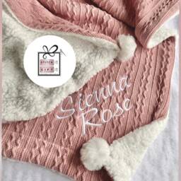 Custom Name Personalised Baby Cable Knit Blanket -Name Embroidered Pom Pom/Sherpa Reverse Italic Ramadan Eid Gift Nursery Cot Crib Newborn - thumbnail 3