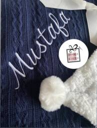 Custom Name Personalised Baby Cable Knit Blanket -Name Embroidered Pom Pom/Sherpa Reverse Italic Ramadan Eid Gift Nursery Cot Crib Newborn - thumbnail 1