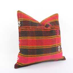 Handwoven Turkish Kilim Pillow Cover Vintage Wool Throw - 16x16 - thumbnail 3