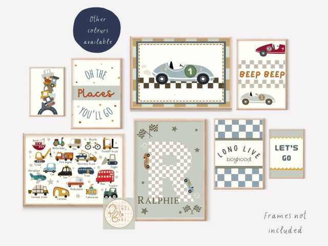 Set Of Race Car & Transport Gallery Wall Prints For A Playroom, Bedroom Or Nursery, Including Personalised Name Print - Unframed - image 1