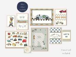Set Of Race Car & Transport Gallery Wall Prints For A Playroom, Bedroom Or Nursery, Including Personalised Name Print - Unframed - thumbnail 1