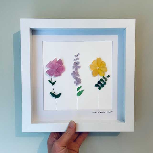 Sea Glass Birth Flower Wall Art - Framed Botanical Picture Handmade in Cornwall - image 1