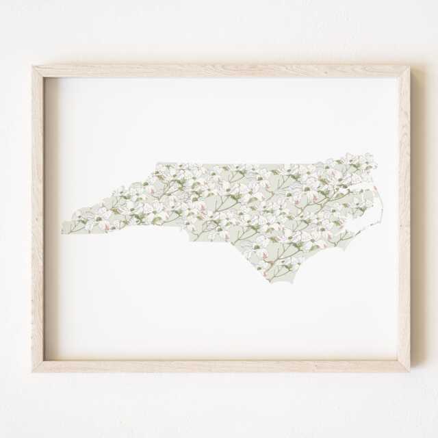 North Carolina State Flower Map Watercolor Dogwood - Art Print Floral Mothers Day Gift Wall Graduation Wedding Realtor Moving - image 1