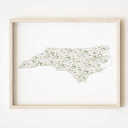 North Carolina State Flower Map Watercolor Dogwood - Art Print Floral Mothers Day Gift Wall Graduation Wedding Realtor Moving - thumbnail 1