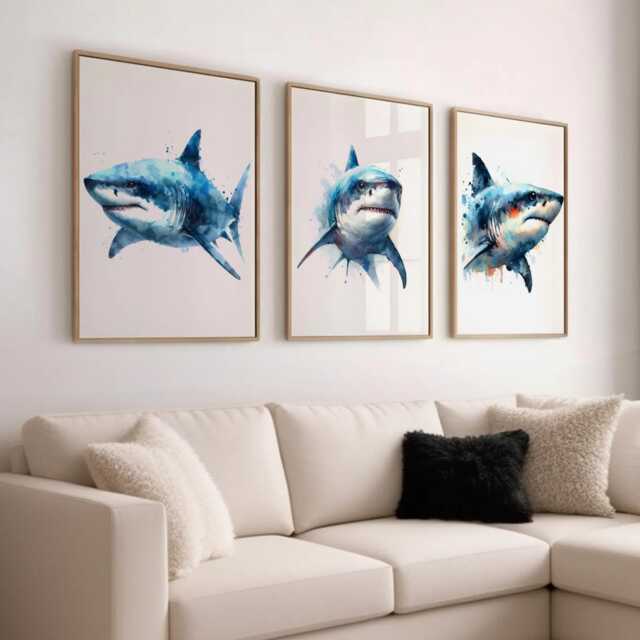 Realistic Shark Print Set Of 3 - Watercolour Ocean Animal Wall Art Nature Decor Unframed Gift For Fans Or Sea Lovers - image 1