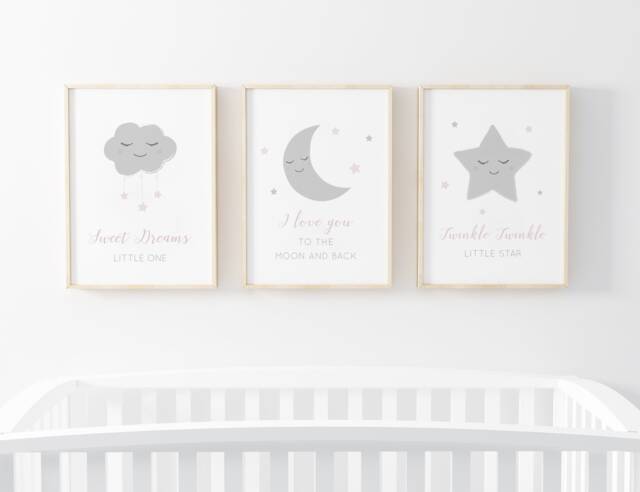 Neutral Moon Stars Cloud Prints - Set Of 3, Pink Grey Baby Print, Nursery Prints, Wall Art, New Baby, Blue Bedroom, Gift, Size A3 A4 - image 1