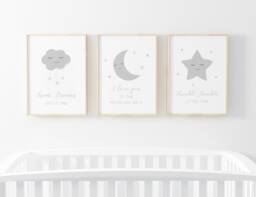 Neutral Moon Stars Cloud Prints - Set Of 3, Pink Grey Baby Print, Nursery Prints, Wall Art, New Baby, Blue Bedroom, Gift, Size A3 A4 - thumbnail 1
