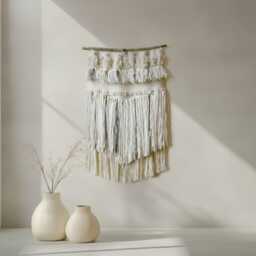 Handmade Woven Wall Hanging Gray & Ivory Fiber Art Tapestry - thumbnail 3