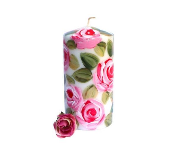 Large Hand-Painted Pink Rose Pillar Candle, Romantic Shabby Chic Floral Decor - image 1