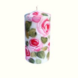 Large Hand-Painted Pink Rose Pillar Candle, Romantic Shabby Chic Floral Decor - thumbnail 3