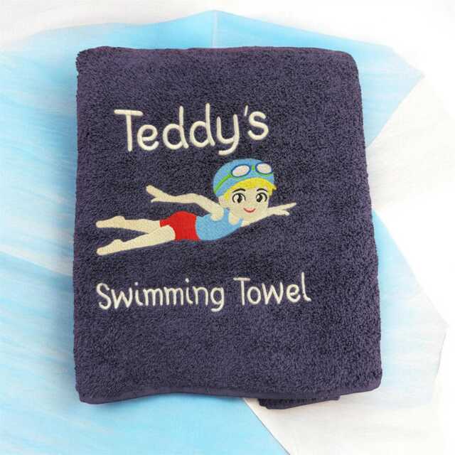 Personalised Kids Swimming Towel, Embroidered Boy Swimmer Design - image 1