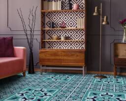 Patchwork Azulejos Tiles Sky Colors Vinyl Flooring, Blue Sheet Green Flooring Linoleum, Portugal Linoleum in Roll - thumbnail 1