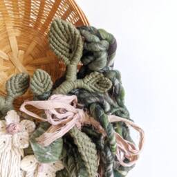Macrame Hanging Wall Basket - Faerie Garden, Green Boho Contemporary Tapestry, Handspun Textured Fiber Art, Bohemian Modern Art - thumbnail 2