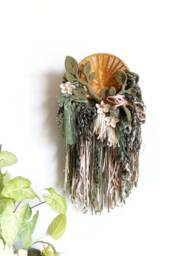 Macrame Hanging Wall Basket - Faerie Garden, Green Boho Contemporary Tapestry, Handspun Textured Fiber Art, Bohemian Modern Art - thumbnail 1