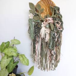 Macrame Hanging Wall Basket - Faerie Garden, Green Boho Contemporary Tapestry, Handspun Textured Fiber Art, Bohemian Modern Art - thumbnail 3