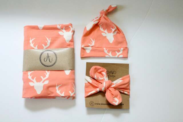 Peach Coral Deer Head Swaddle & Hat Set, Buck, Baby Blanket, Nursing Cover, Woodland Creatures, Girl, Newborn Prop, Spring - image 1