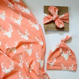Peach Coral Deer Head Swaddle & Hat Set, Buck, Baby Blanket, Nursing Cover, Woodland Creatures, Girl, Newborn Prop, Spring - thumbnail 4