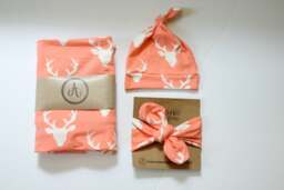 Peach Coral Deer Head Swaddle & Hat Set, Buck, Baby Blanket, Nursing Cover, Woodland Creatures, Girl, Newborn Prop, Spring