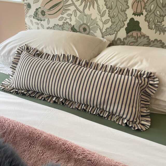 Ruffled Lumbar Cushion Cover, Black Ticking Stripe, Extra Long Pillow, Handmade - image 1