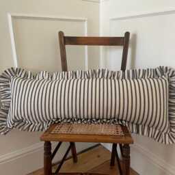 Ruffled Lumbar Cushion Cover, Black Ticking Stripe, Extra Long Pillow, Handmade - thumbnail 2