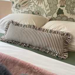 Ruffled Lumbar Cushion Cover, Black Ticking Stripe, Extra Long Pillow, Handmade - thumbnail 1