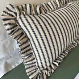 Ruffled Lumbar Cushion Cover, Black Ticking Stripe, Extra Long Pillow, Handmade - thumbnail 4
