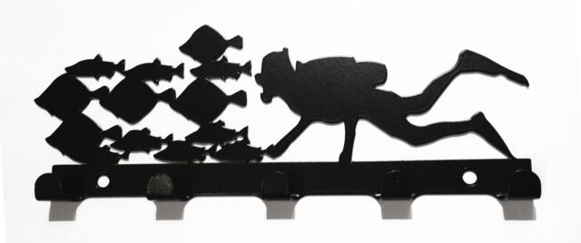 Scuba Diver With Tropical Fish Silhouette Key Hook Rack - Metal Wall Art