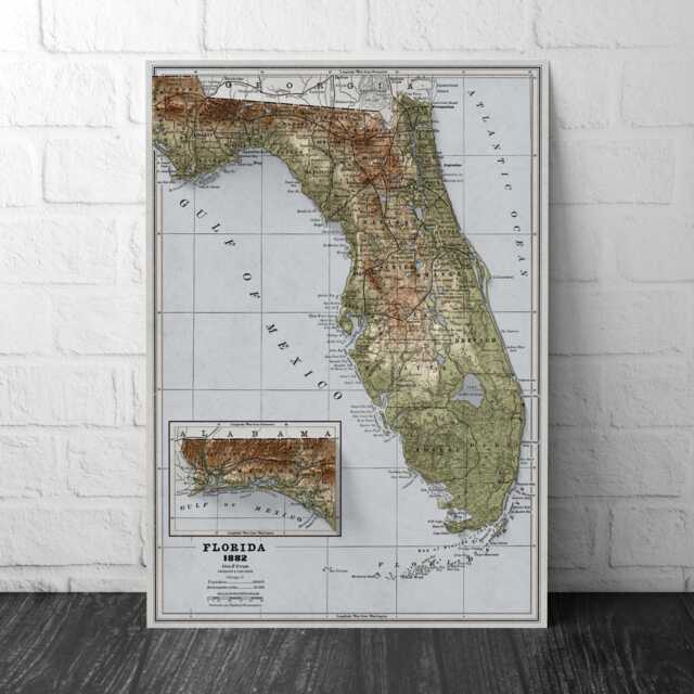 Florida Map - Vintage Style 1882 Elevation 2D Print With 3D Effect Shaded Relief Poster Usa United States - image 1