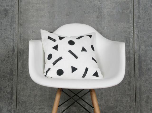 White Linen Pillow Cover With Black Geometric Shapes/Minimalist Design & Polka Dots Decorative Throw Cushion Bedding Accent - image 1