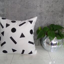 White Linen Pillow Cover With Black Geometric Shapes/Minimalist Design & Polka Dots Decorative Throw Cushion Bedding Accent - thumbnail 3