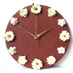 Flowers Wall Clock - Mulberry Paper Decoupage Brown Yellow 3D Roses Daisies Gardenia - thumbnail 2