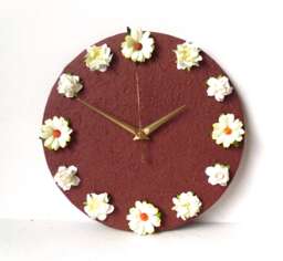 Flowers Wall Clock - Mulberry Paper Decoupage Brown Yellow 3D Roses Daisies Gardenia
