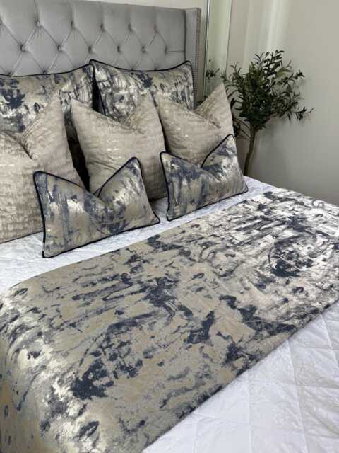 Navy Blue Gold Quilted Bed Runner Metallic Luxury Scarf For Double - King Tessere Midnight - image 1