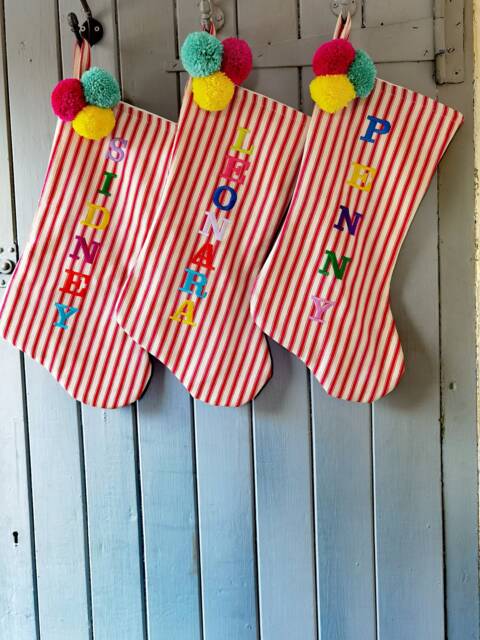Personalised Red Stripe Christmas Stocking, Pom Decor, Handmade Cotton Holiday - image 1