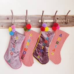 Personalised Red Stripe Christmas Stocking, Pom Decor, Handmade Cotton Holiday - thumbnail 3