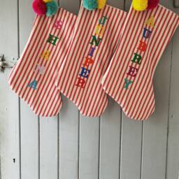 Personalised Red Stripe Christmas Stocking, Pom Decor, Handmade Cotton Holiday - thumbnail 2