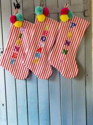 Personalised Red Stripe Christmas Stocking, Pom Decor, Handmade Cotton Holiday