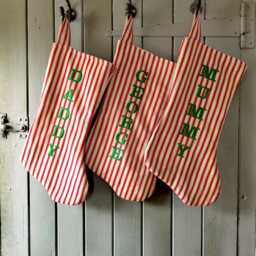 Personalised Red Stripe Christmas Stocking, Pom Decor, Handmade Cotton Holiday - thumbnail 4