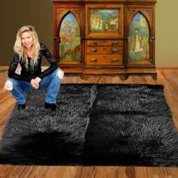 Black Mongolian Llama Faux Fur Area Rug - Long Hair Shag, Handmade Usa - thumbnail 3