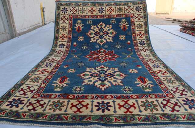 4'1x5'11 Navy Blue Afghan New Luxury Area Rug, Kazak Hand Knotted Rug - Medallion Geometric For Livingroom - image 1