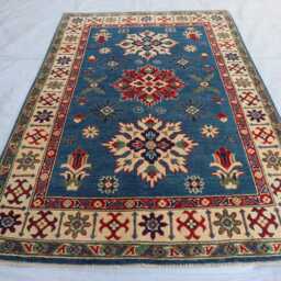 4'1x5'11 Navy Blue Afghan New Luxury Area Rug, Kazak Hand Knotted Rug - Medallion Geometric For Livingroom - thumbnail 2