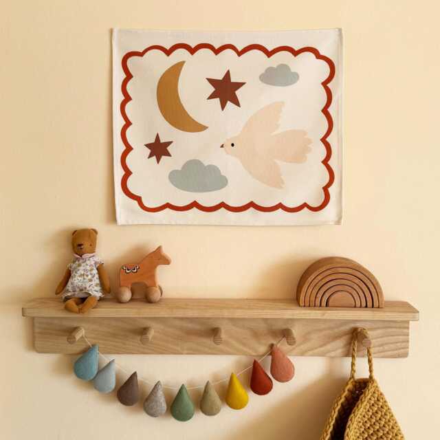 Night Sky Wall Hanging, Organic Cotton Kids Banner, Celestial Nursery Decor, Moon & Stars Art, Playroom Decor - image 1