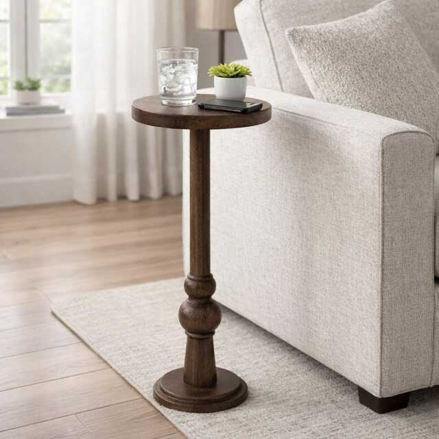Handmade Wooden Round Pedestal Side Table Accent For Living Room, Bedroom, Coffee - image 1
