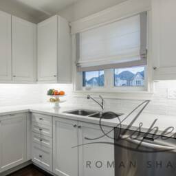 Custom Flat Roman Shade, White Linen With Silver Border - thumbnail 3